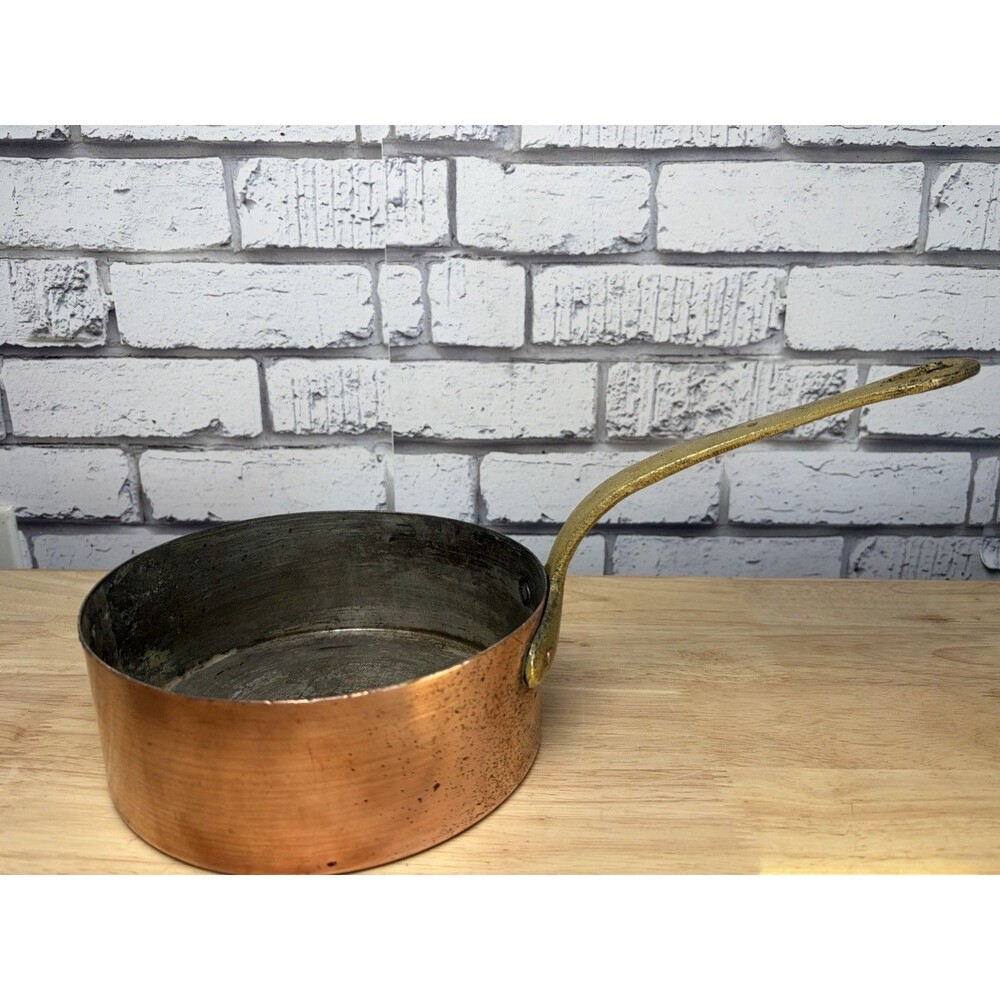 Copper Saucepan Brass Handle French 2 Quart 7.25” Round 2.75 Tall Vintage